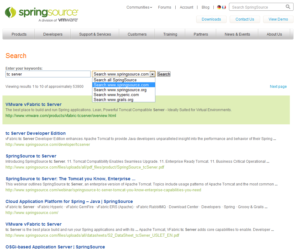 SpringSource.com Search Page using Google CSE October, 2010