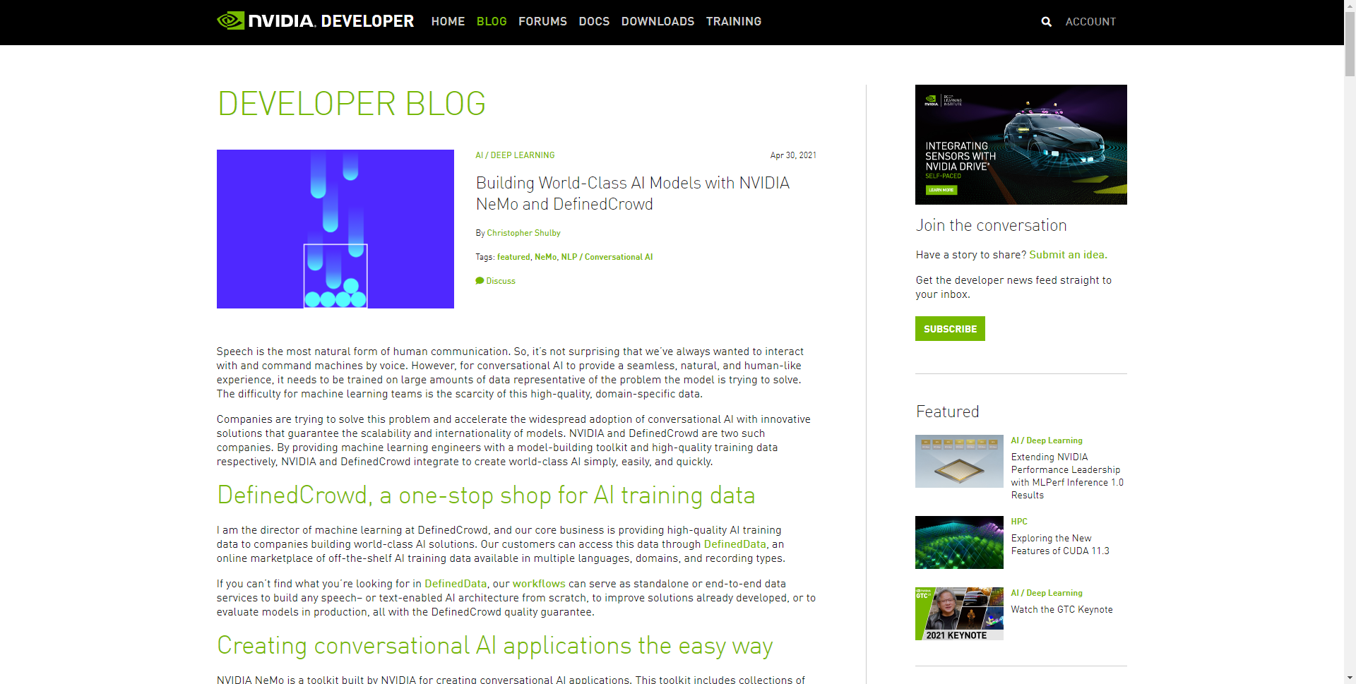 The Nvidia Developer Zone website blog page