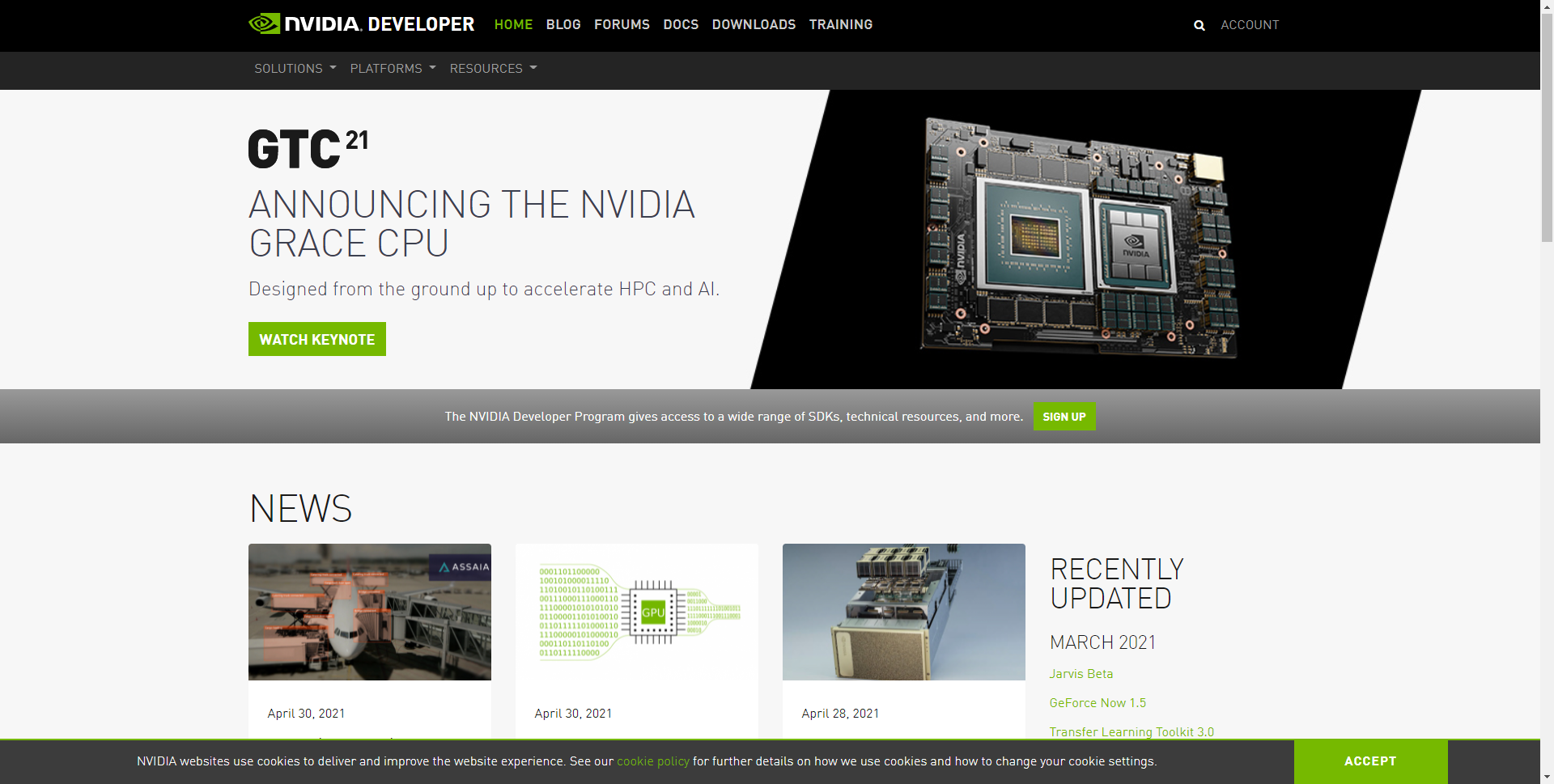 The Nvidia Developer Zone website homepage