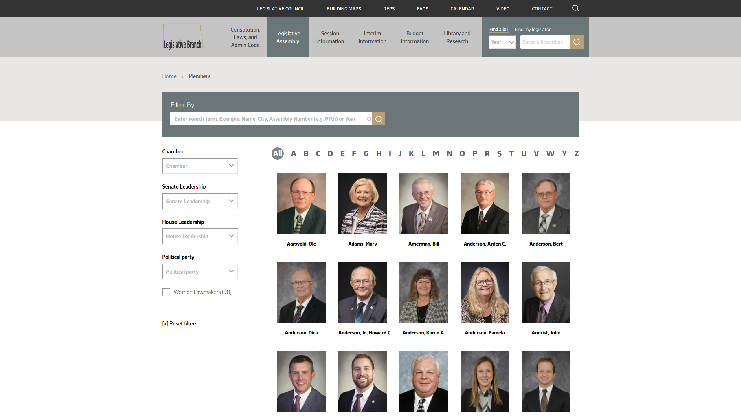 North Dakota Legislative Council website biographies listing page after redesign