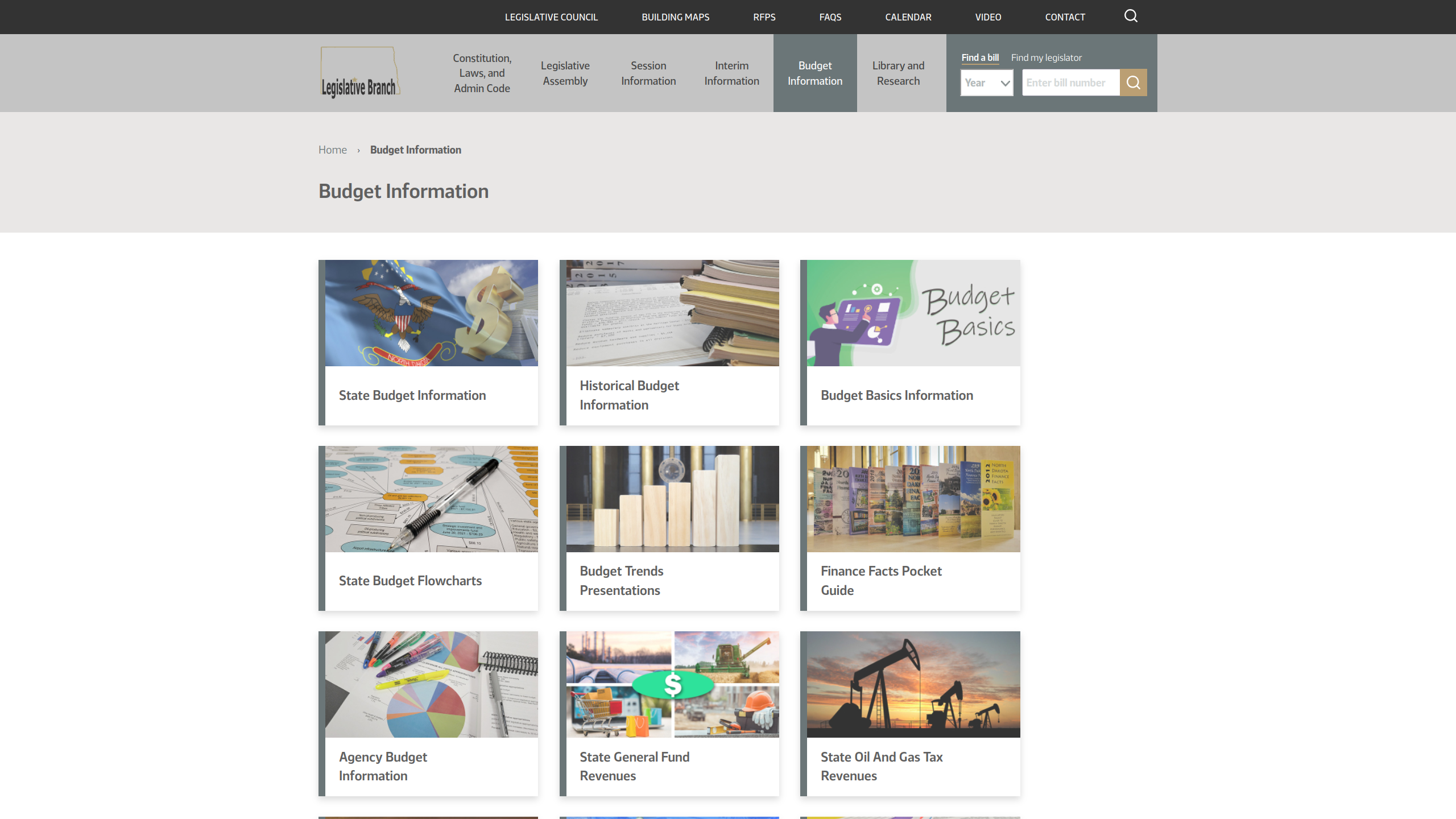 North Dakota Legislative Council website new budget information landing page