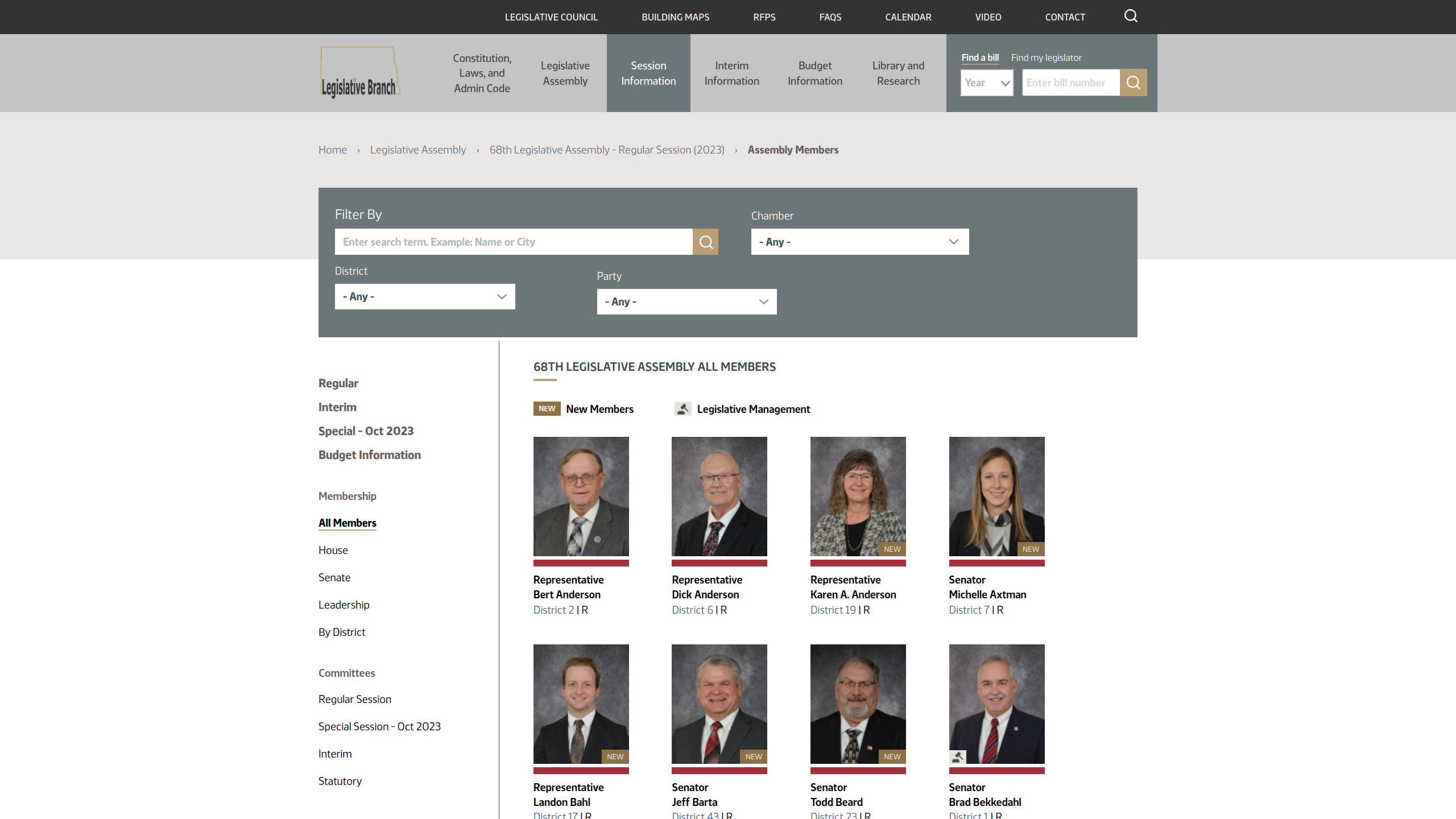 North Dakota Legislative Council website dual chamber (house and senate) member listing page after redesign