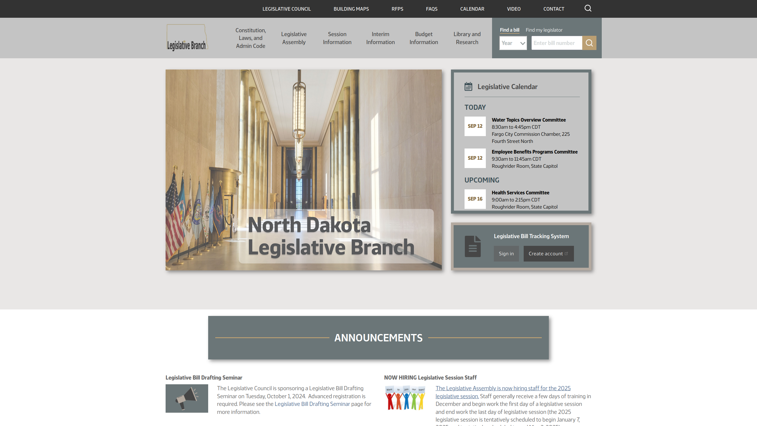 North Dakota Legislative Council website homepage after redesign