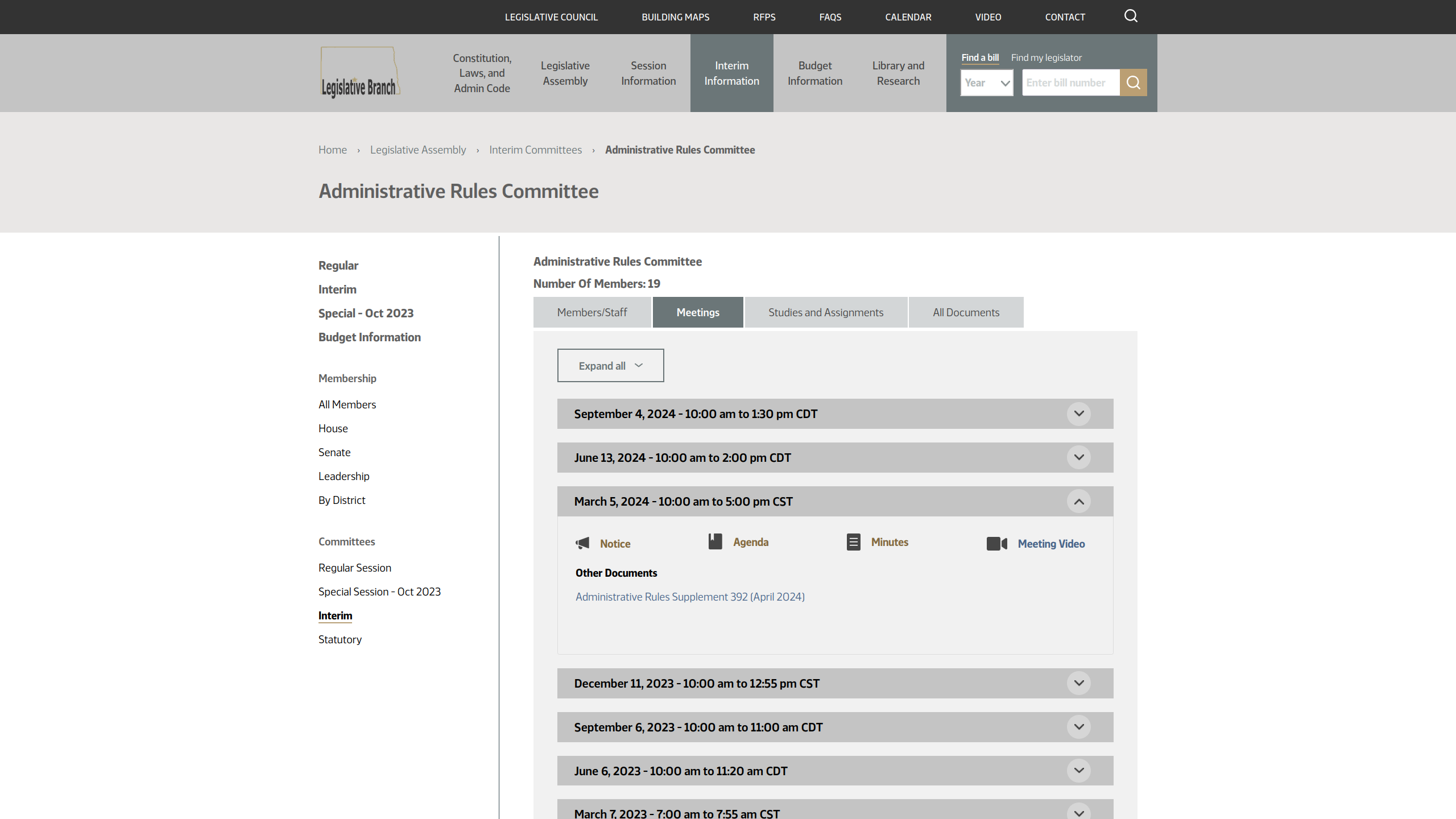 North Dakota Legislative Council website interim committee page meeting listing tab after redesign