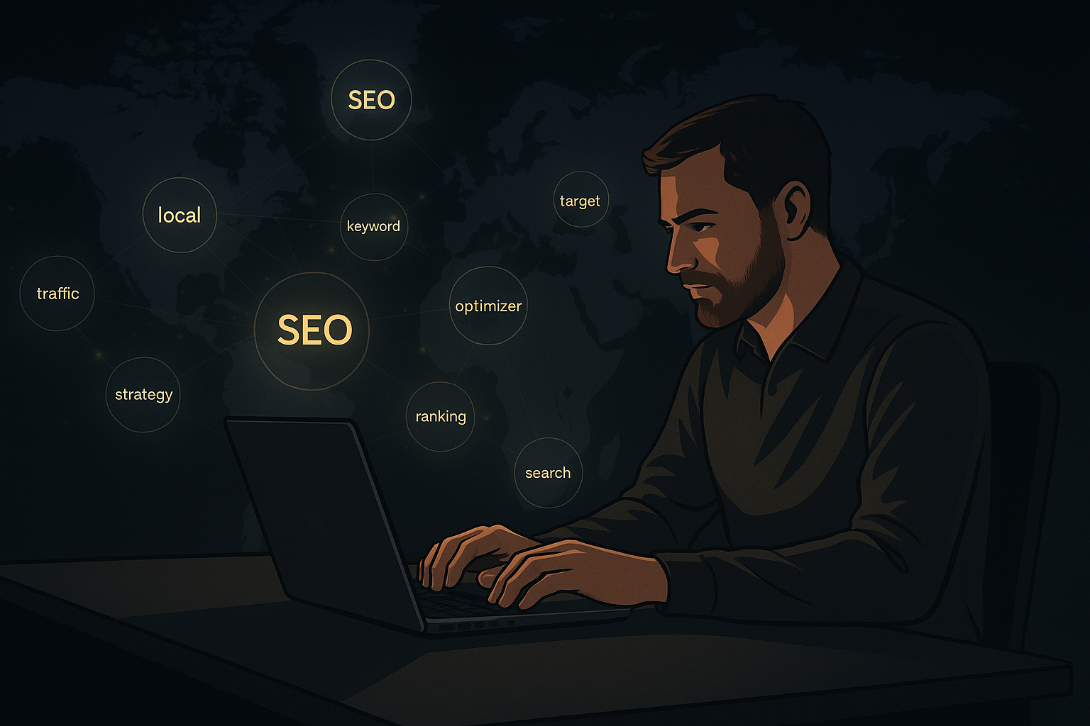 Business owner working on a laptop with a blurred screen, overlaid by a global keyword cluster map in a dark, high-contrast background.