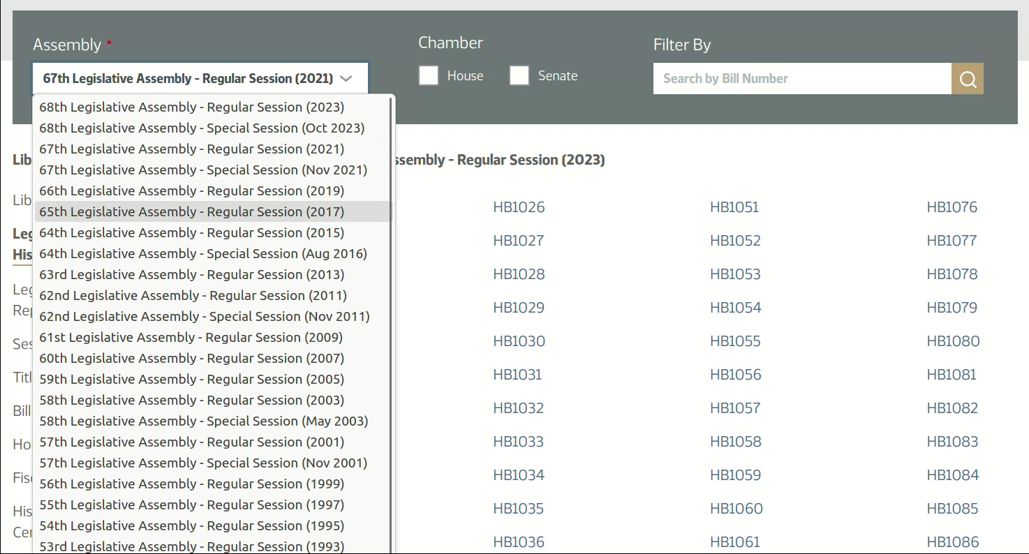 NDLC Legislative Bill and Resolution Histories listing page after the redesign