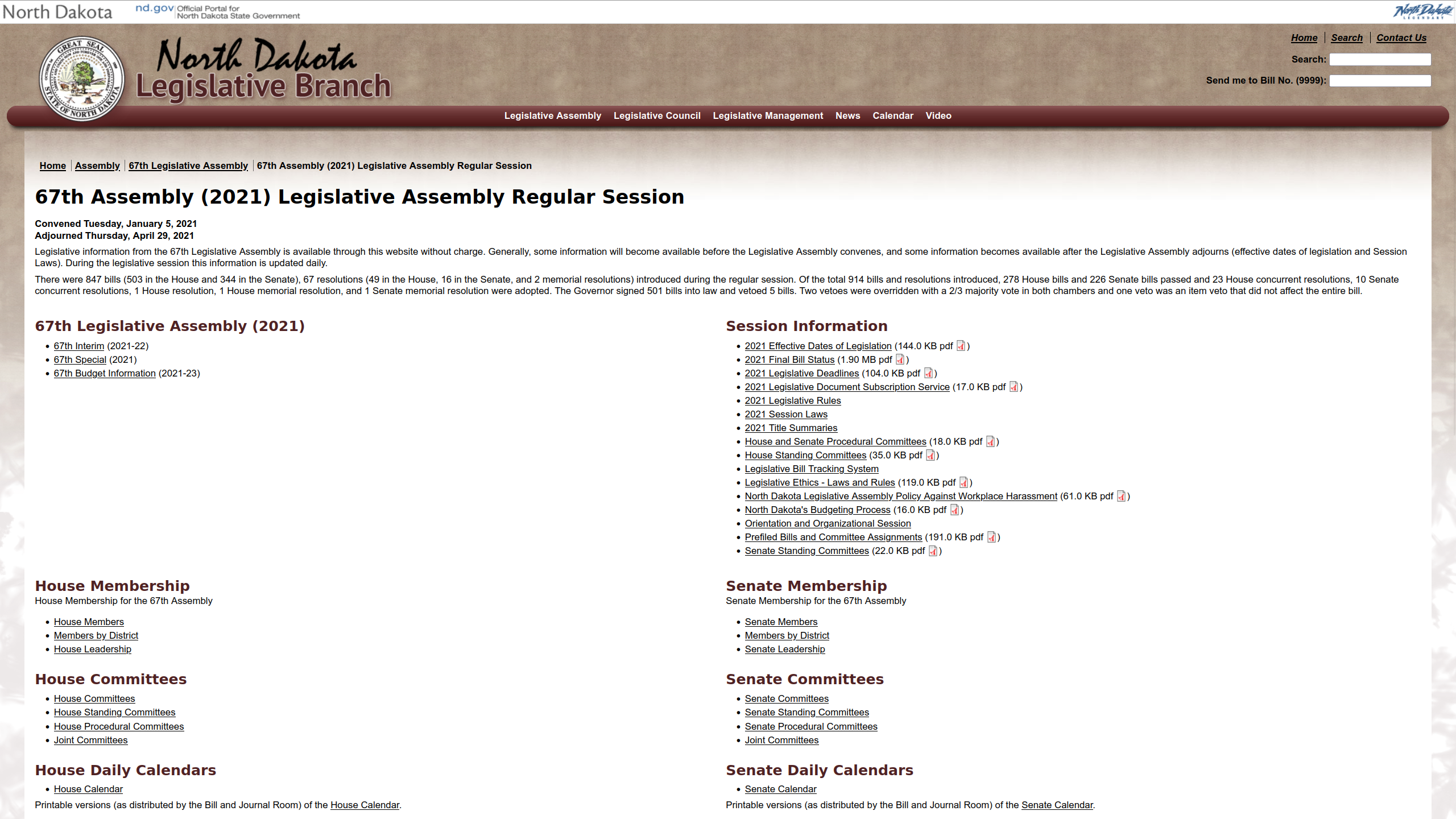 NDLC website legislative assembly regular session details page before the redesign