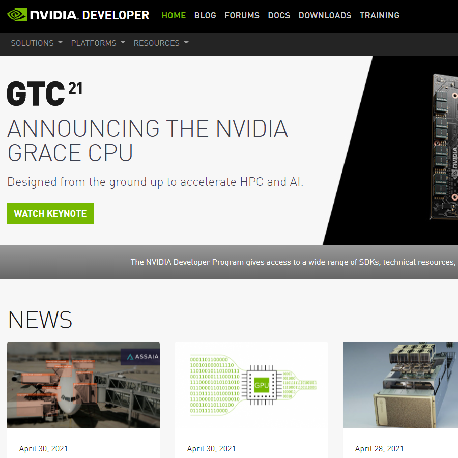 The Nvidia Developer Zone website homepage
